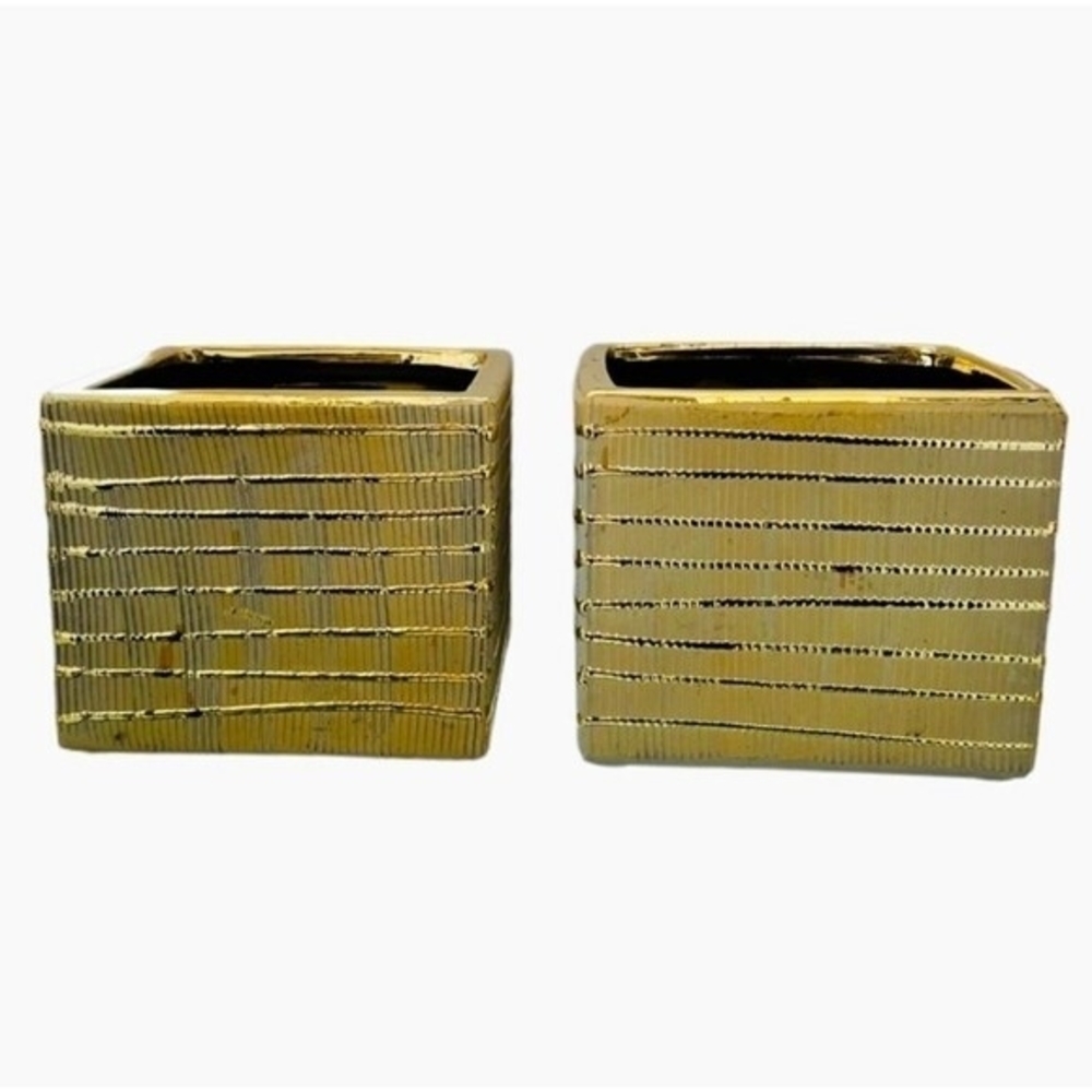 Textured Gold Ceramic Cube Planters Set of 2 Handmade 5x5x4 Home Decor New
